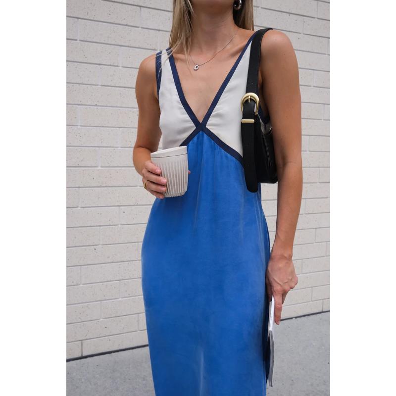 Women's Summer Color Block V Neck Sleeveless Tank Maxi Dress Loose Casual Vacation Beach Long Dress for Women