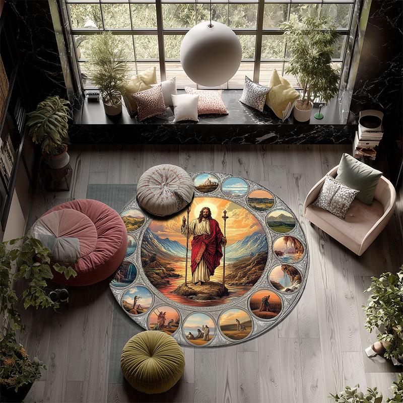 Virgin Mary & Jesus pattern round rug,Carpet Rug for Living Room Bedroom Playroom ,Non-slip Floor Mat,Holiday Gifts and Birthday Gifts.