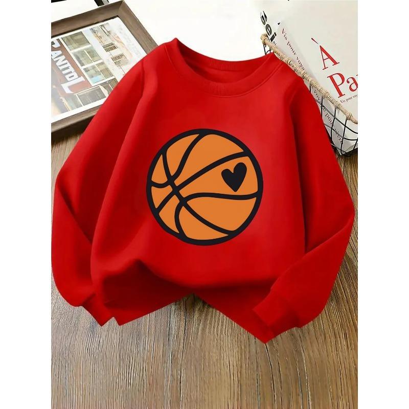 European sizes Kids' Crewneck Sweatshirt - Basketball with Heart Design , Sportswear And Casual Wear, Soft And Comfortable, Children's Clothing