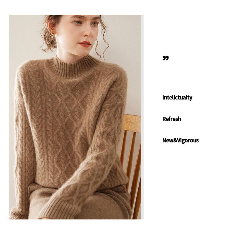 Versatile Women's Cashmere Cable Knit Sweater - Loose Slimming, Half-High Neck, Warm Base Layer