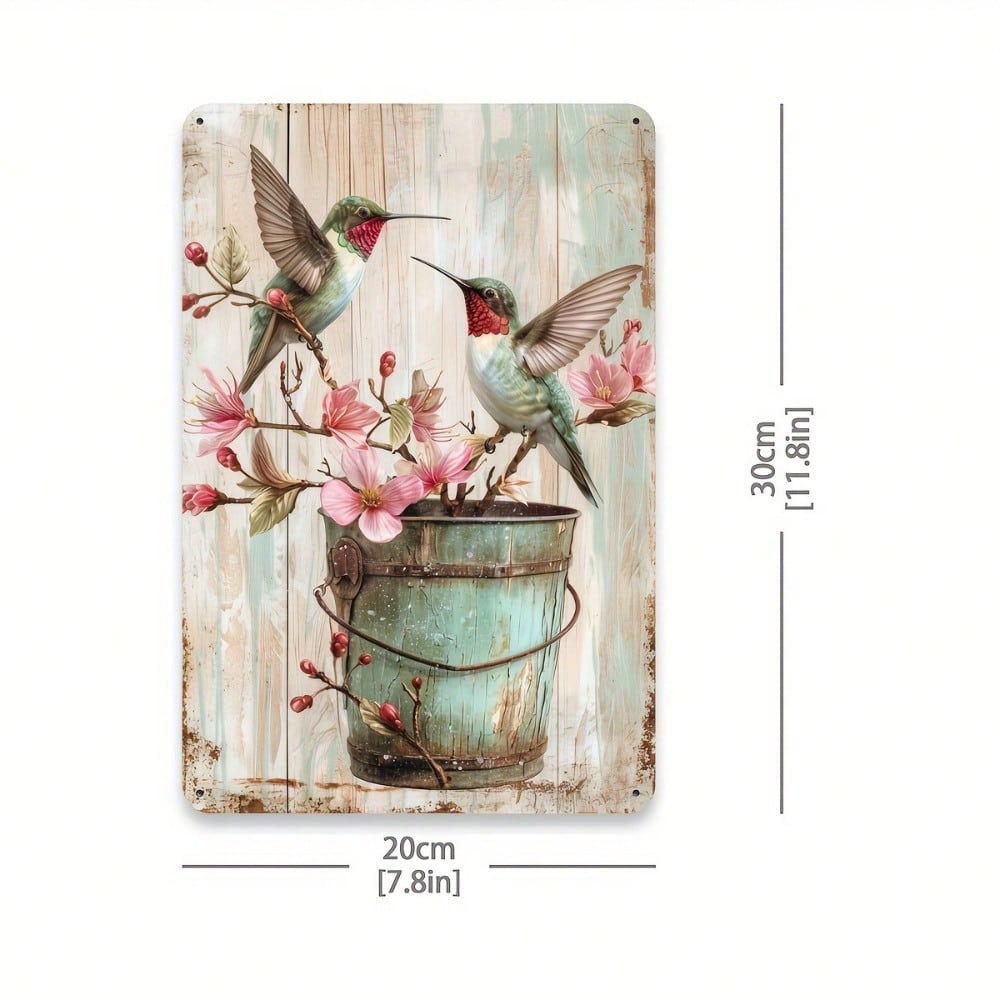 Vintage Hummingbird Tin Sign Wall Art Metal Bucket Planter With Pink Flowers Rustic Bird Decor Home Cafe