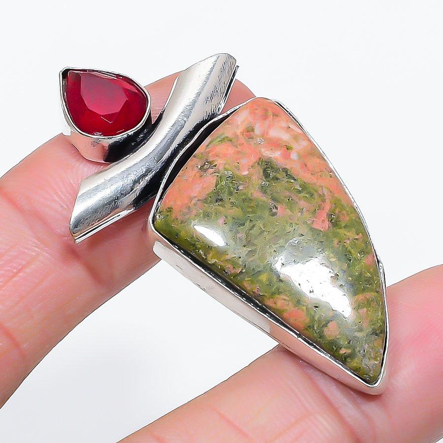 

Natural Unakite, Garnet Gemstone 925 Sterling Silver Jewelry Pendant 2.05 J7a25