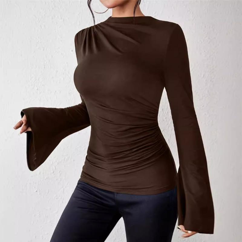 New Autumn Winter Versatile Pleated European American Bell Sleeve Tees Stand Collar Slim Tops Fit Women's T-Shirt