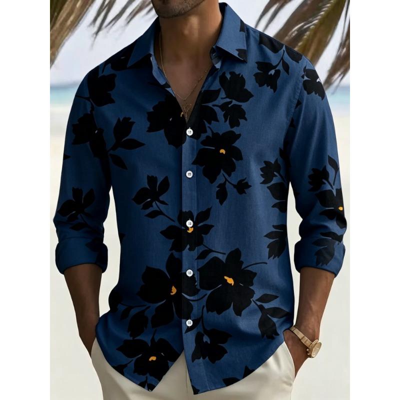 Herrenbluse mit Blumenprint, langen Ärmeln und Kragen für Urlaub und Freizeit, Strandreise-Trend, Herrenbekleidung