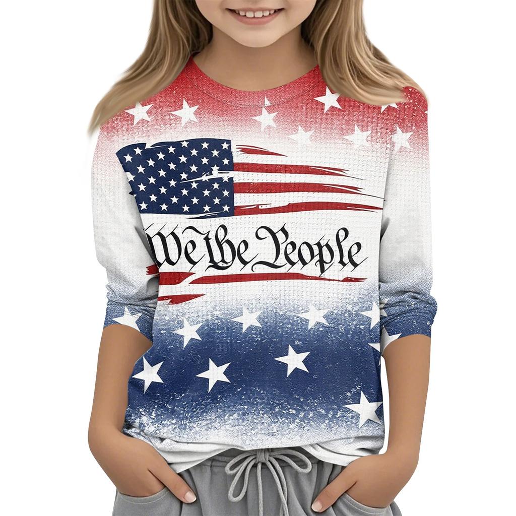 Children's Independence Day Printed Round Neck Seven Quarter Sleeve Casual T-shirt