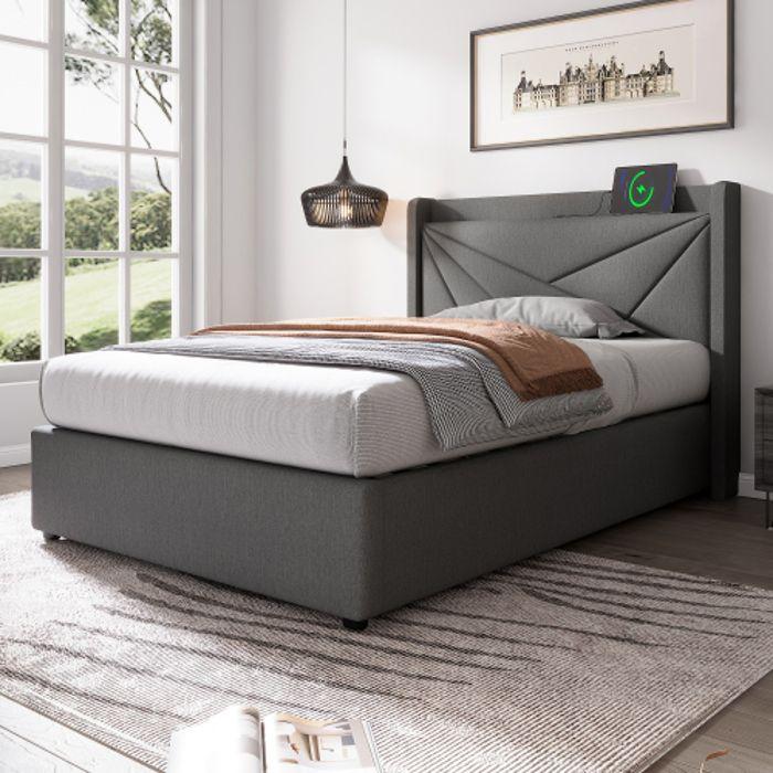 Lit simple 90x200 avec tête de lit à chargement USB de type C, lit de rangement (sans matelas)