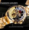 Luxuriöse mechanische Armbanduhren, goldenes Skelett-Zifferblatt, Edelstahlstreifen, automatische Uhren für Männer, transparente Uhr