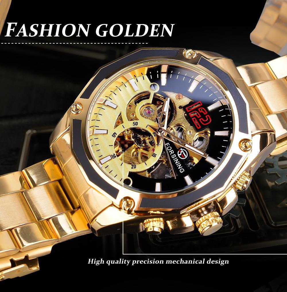 Luxuriöse mechanische Armbanduhren, goldenes Skelett-Zifferblatt, Edelstahlstreifen, automatische Uhren für Männer, transparente Uhr