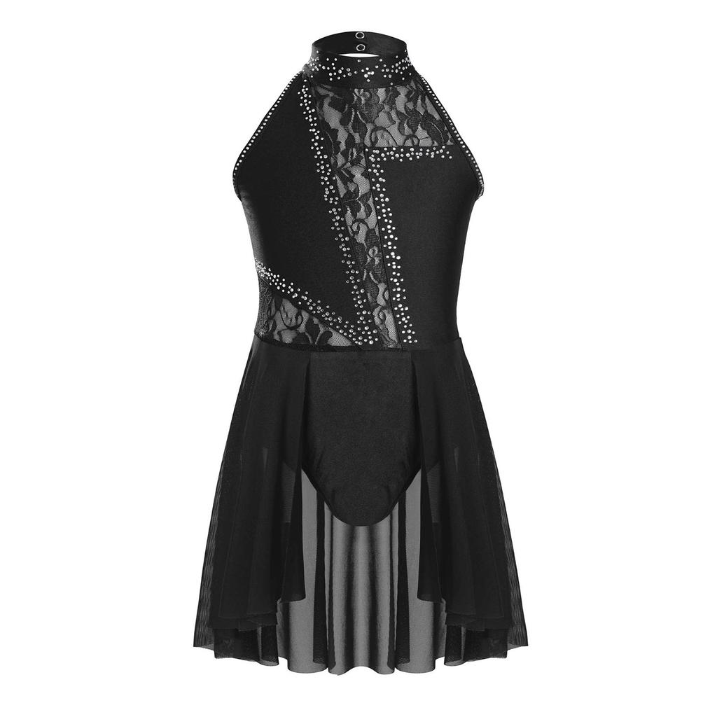 Girls Modern Lyrical Dance Dress Floral Lace Patchwork Cutout Back Rhinestones Leotard Stage Performance Dress