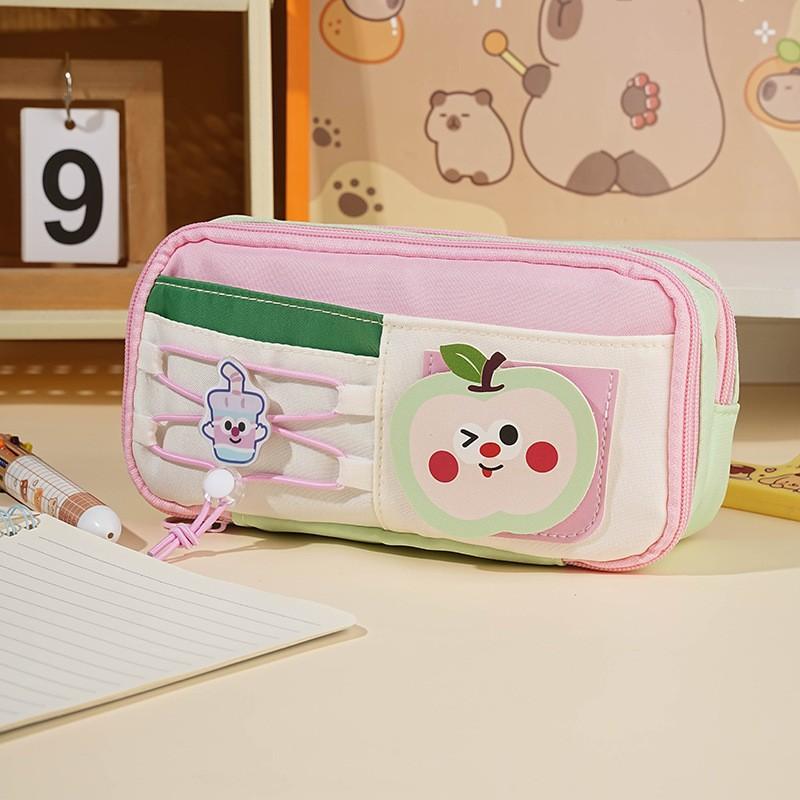 Color Block Double Zipper Pencil Bag, Front Elastic Band Design Cute Animal Patch Decor Stationery Organizer
