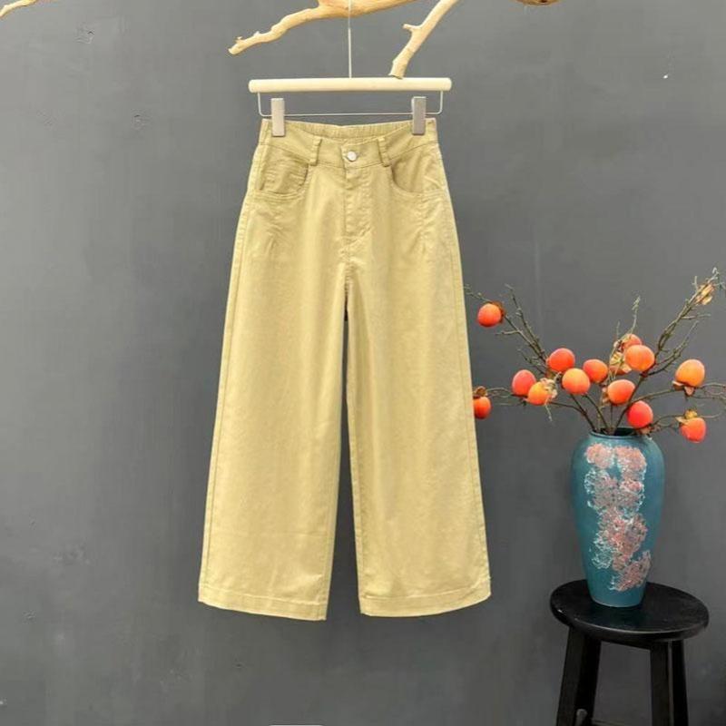 

Модні вкорочені штани для жінок Літні Тонкі З високою талією Вільні Прямі Широкі штани L хакі