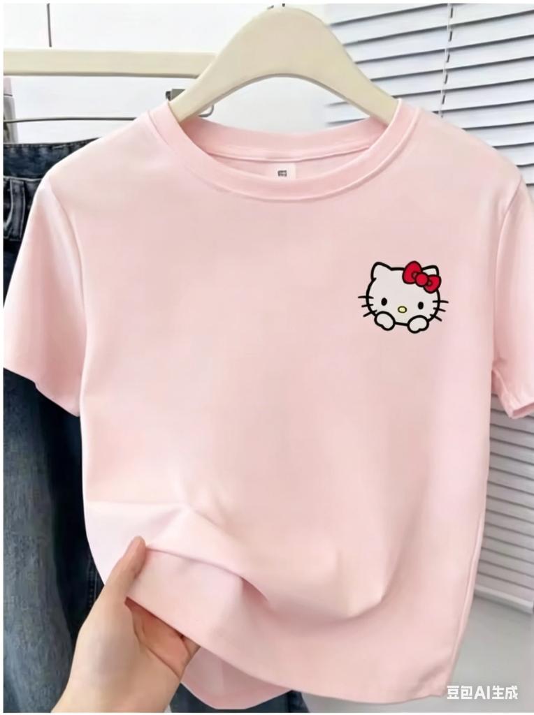Hello Kitty Small Logo T Shirt for Adults and Kids Cute Sanrio Head Print Casual Short Sleeve Top for Family Matching Outfits