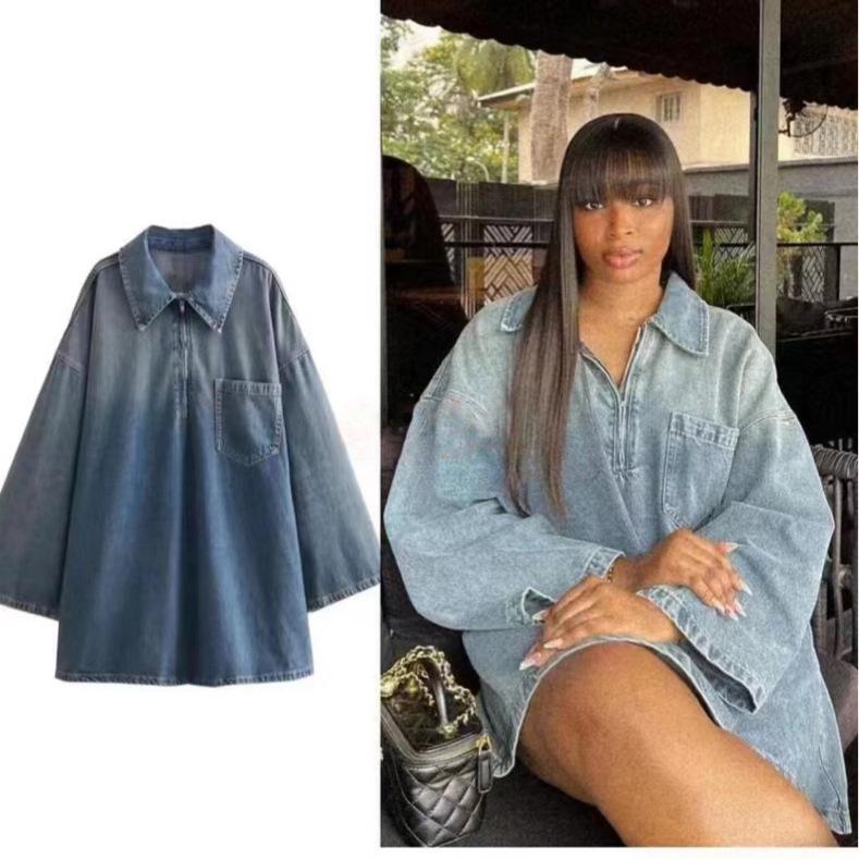 

European & American Women s Summer Fashion: Loose Long-Sleeved Denim Dress L синий
