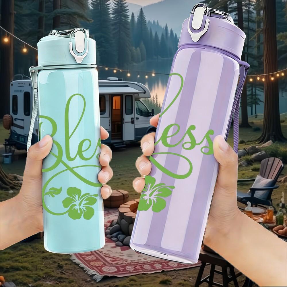1PC Blessed Green Cursive Letter Print 750ml Color Plastic Sports Water Bottle Leakproof Flip Straw Lid Suitable for Sports Office Home Use