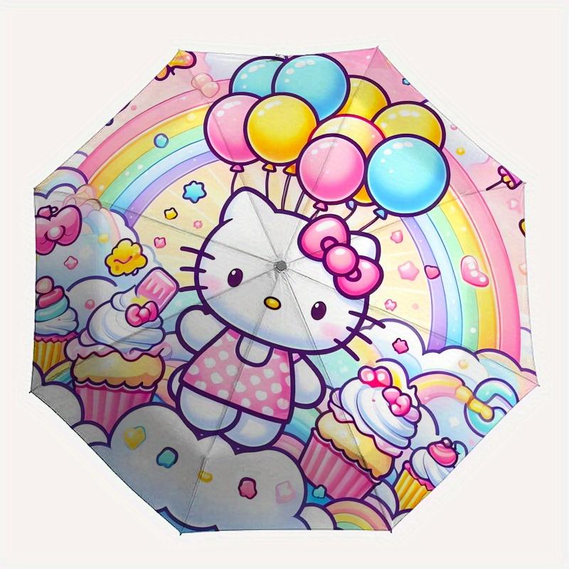 Hello Kitty,Pastel Rainbow Automatic Folding Umbrella-Simple 8-Rib Design, Bright Cartoon Pattern, Durable Iron Frame, Suitable For Travel,
