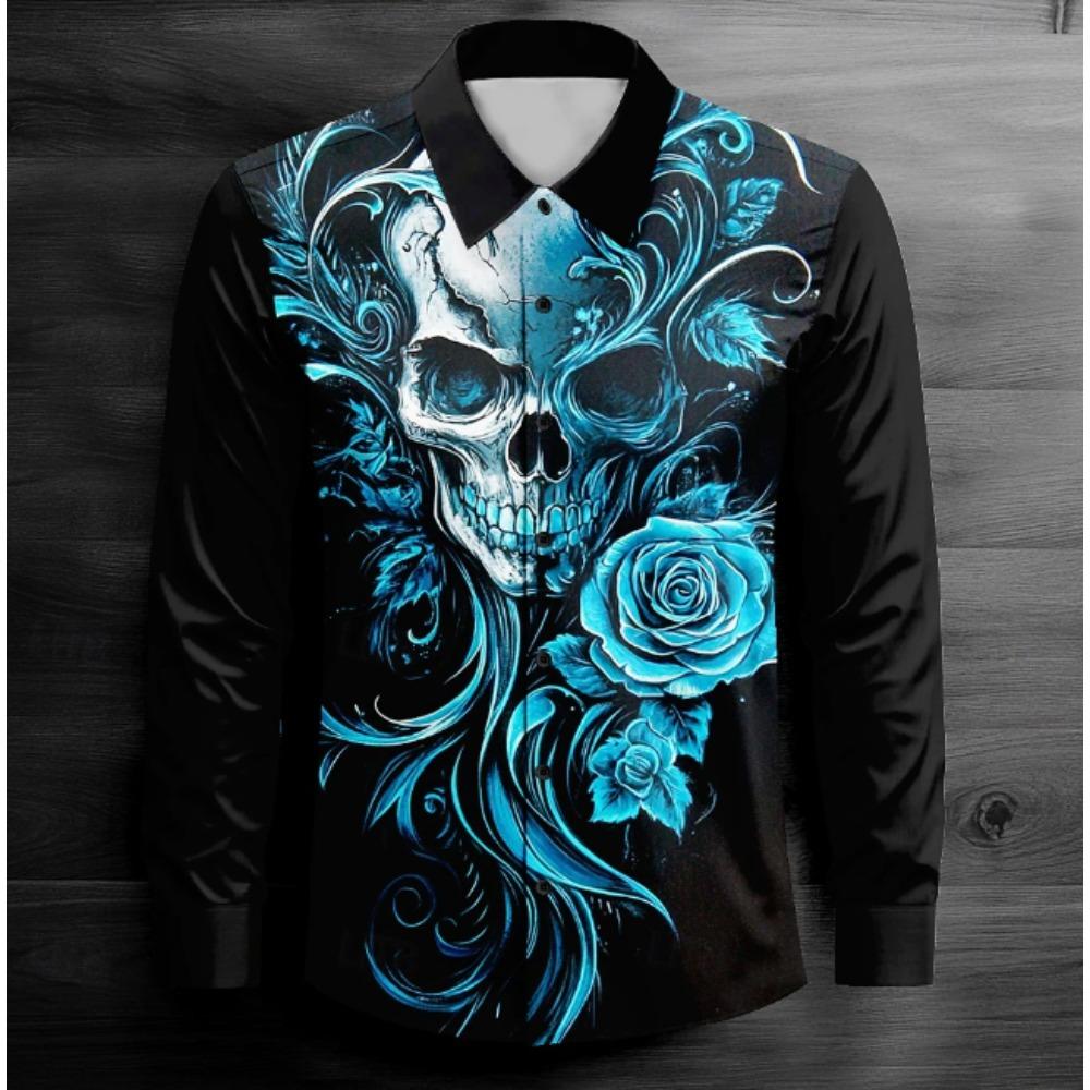 Men's Halloween Skeleton Printed Long Sleeve Shirts Casual Cardigan New Button Holiday Fashion Shirts