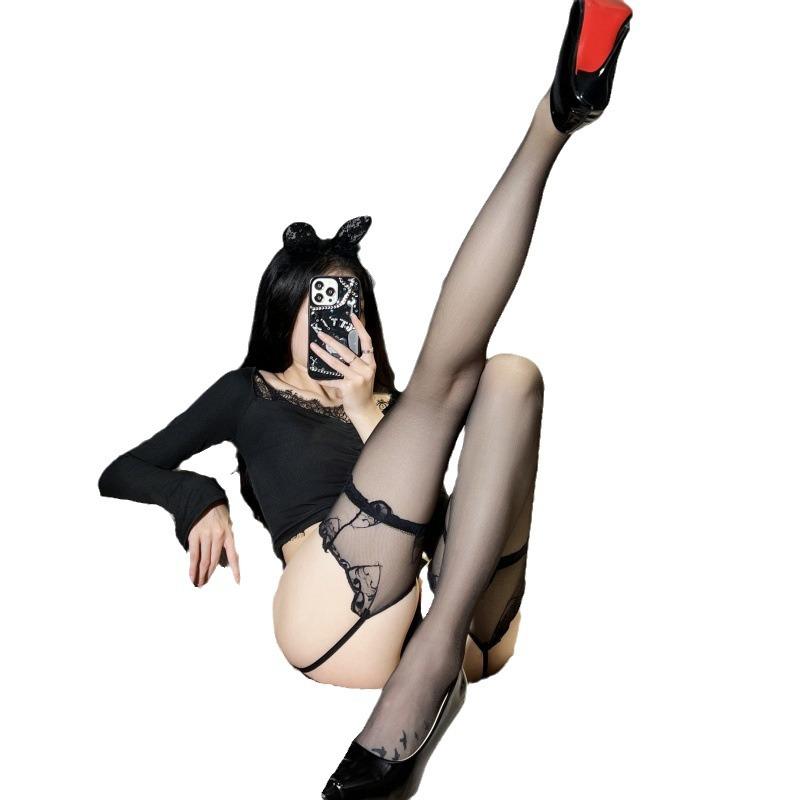 3D Thin Royal Sister Red Suspender High Tube Socks Pure Desire One-Piece Lace Sexy Black Silk Sex Suspender Stockings