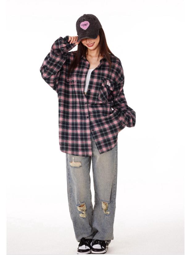 Women's Retro Pink Plaid Long-Sleeve Shirt - Trendy Autumn/Winter Design