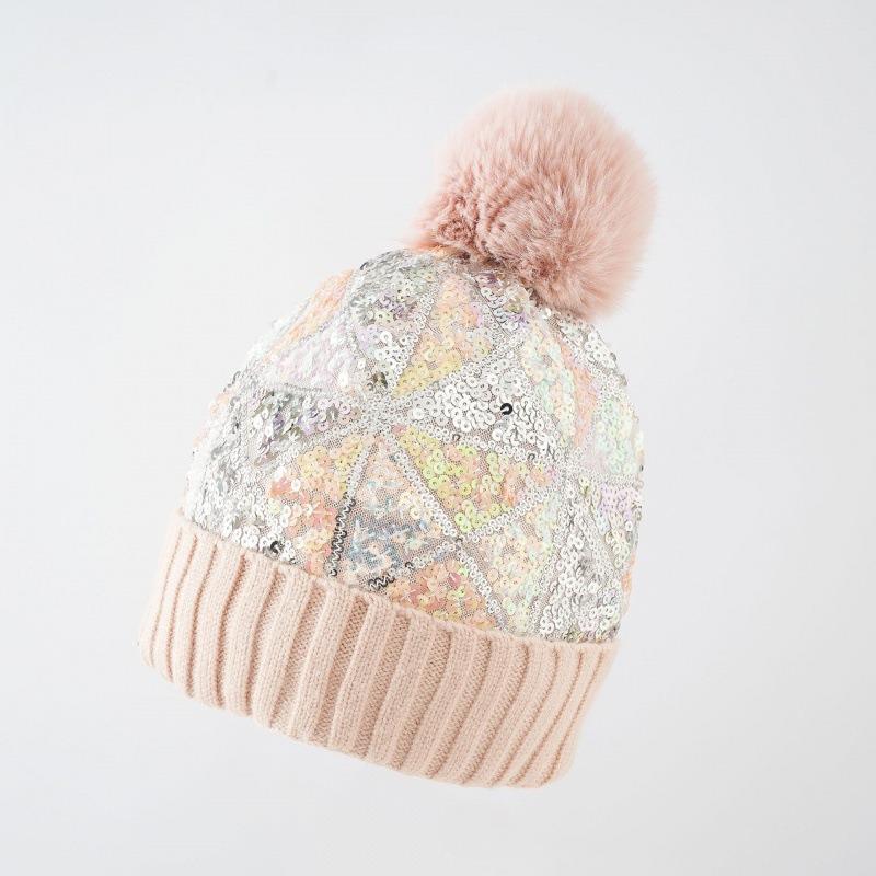 New sequined wool hat autumn and winter shiny beads keep warm removable hairball knitted hat women