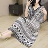 25th Anniversary Ethnic V-Neck Rayon Short Sleeve French-Thai Print Holiday Dress for Women
