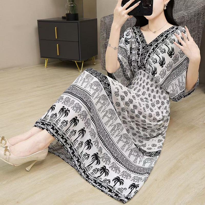 25th Anniversary Ethnic V-Neck Rayon Short Sleeve French-Thai Print Holiday Dress for Women