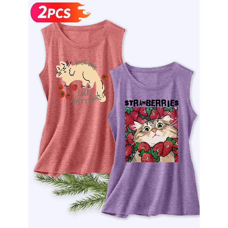 Follow a Specific Direction Two-piece Women's Vest Set Funny Cat Doodle Print Elegant Summer Party Outfits Sleeveless Vest Essential Fashion Items