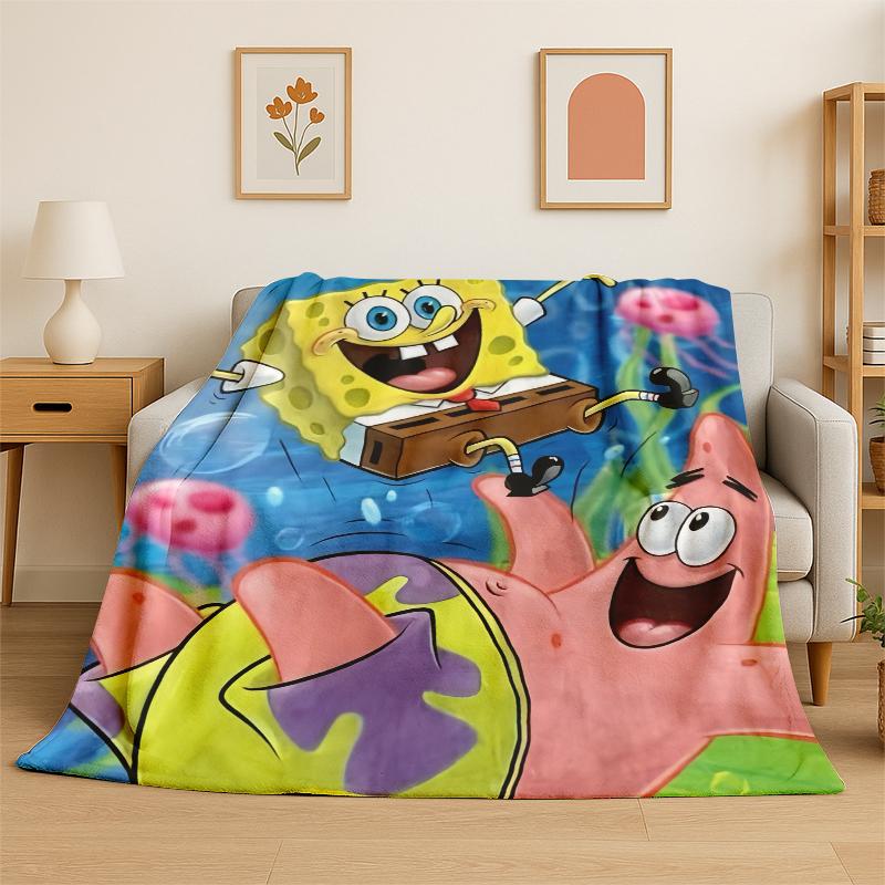 Cartoon S-SpongeBob Patrick Star Flannel Blanket Soft Warm Throw Blanket for Bedroom Living Room Bed Travel Camping Picnic Kid