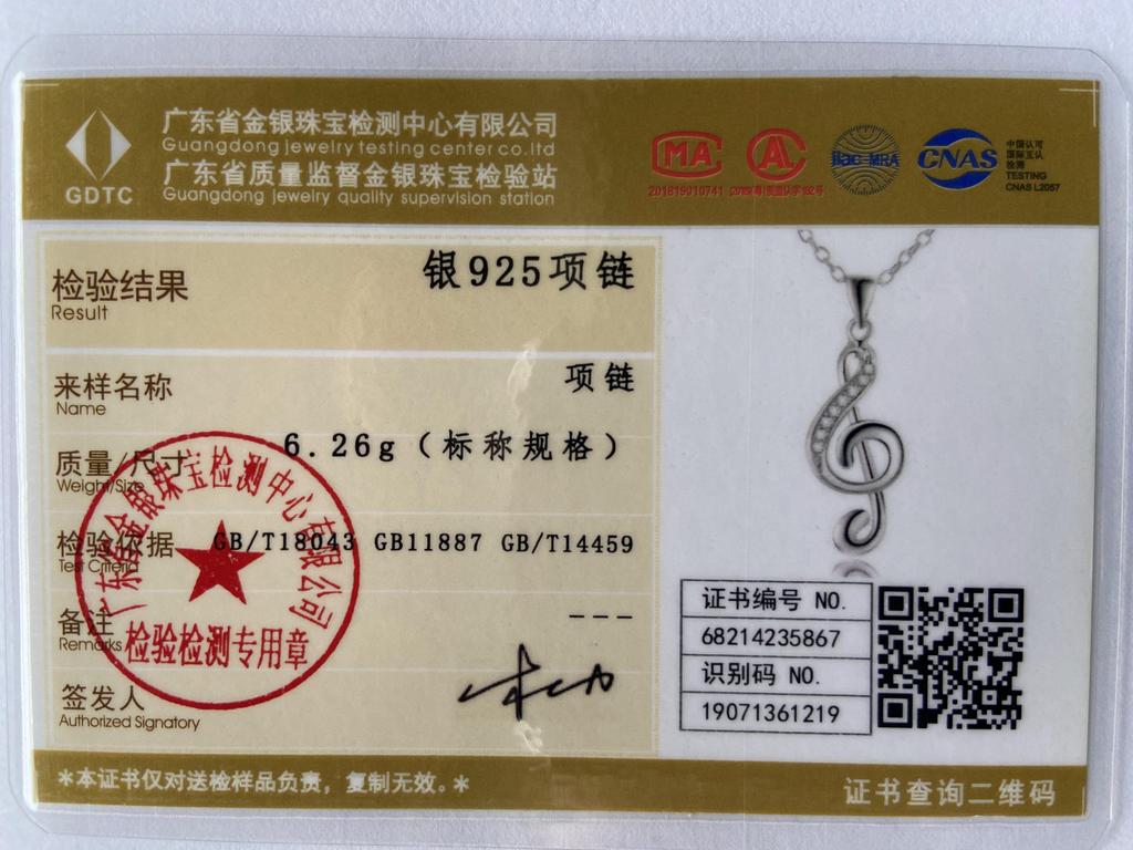 925 Sterling Silver Fashion Note AAA Zircon Pendant Necklace Wedding Jewelry