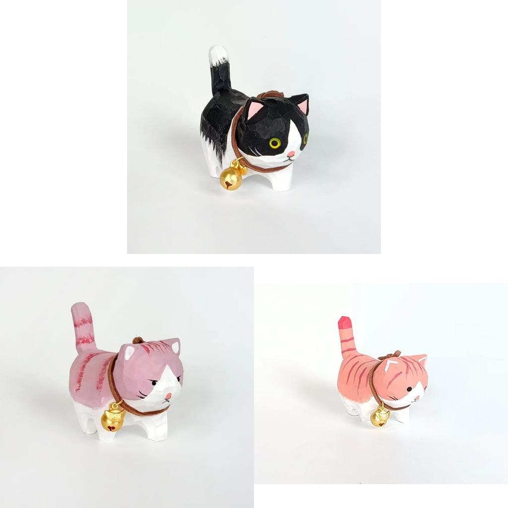 Wooden Handcrafted Carved Cat Figurine Cute Bell Desk Decor For Gifts And Home Office