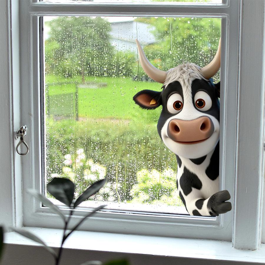 Double Sided Same Color 3D Cartoon Cow Peeking Out Static Cling Window Sticker Home Decor
