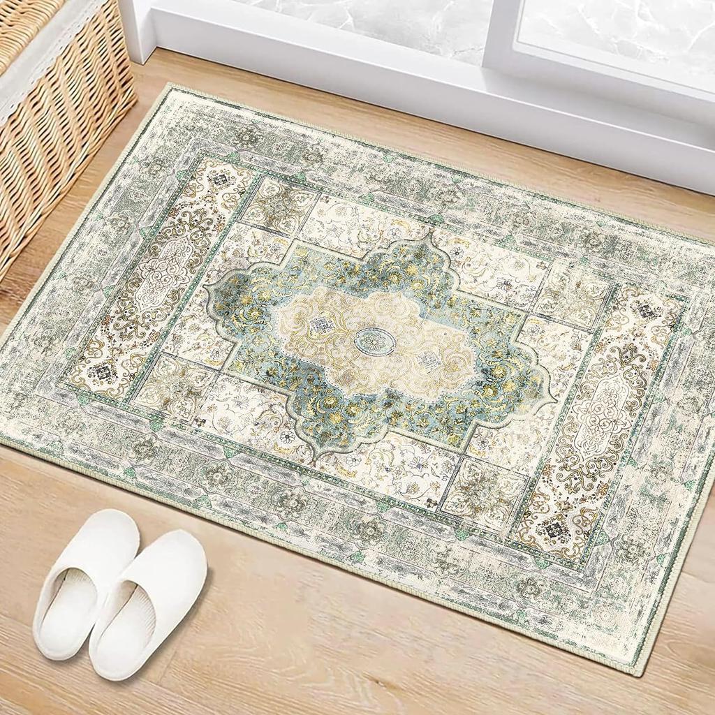 Vintage Area Carpet for Living Room Washable Rugs Rug for Kitchen Bedroom Dinning No Pile Non Slip Green Teal Multi Decorate