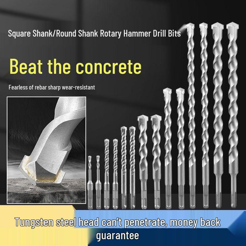 Extended Rotary Hammer Drill Bit Set for Concrete, Stone, and Brick Walls - Alloy, Square & Round Shanks