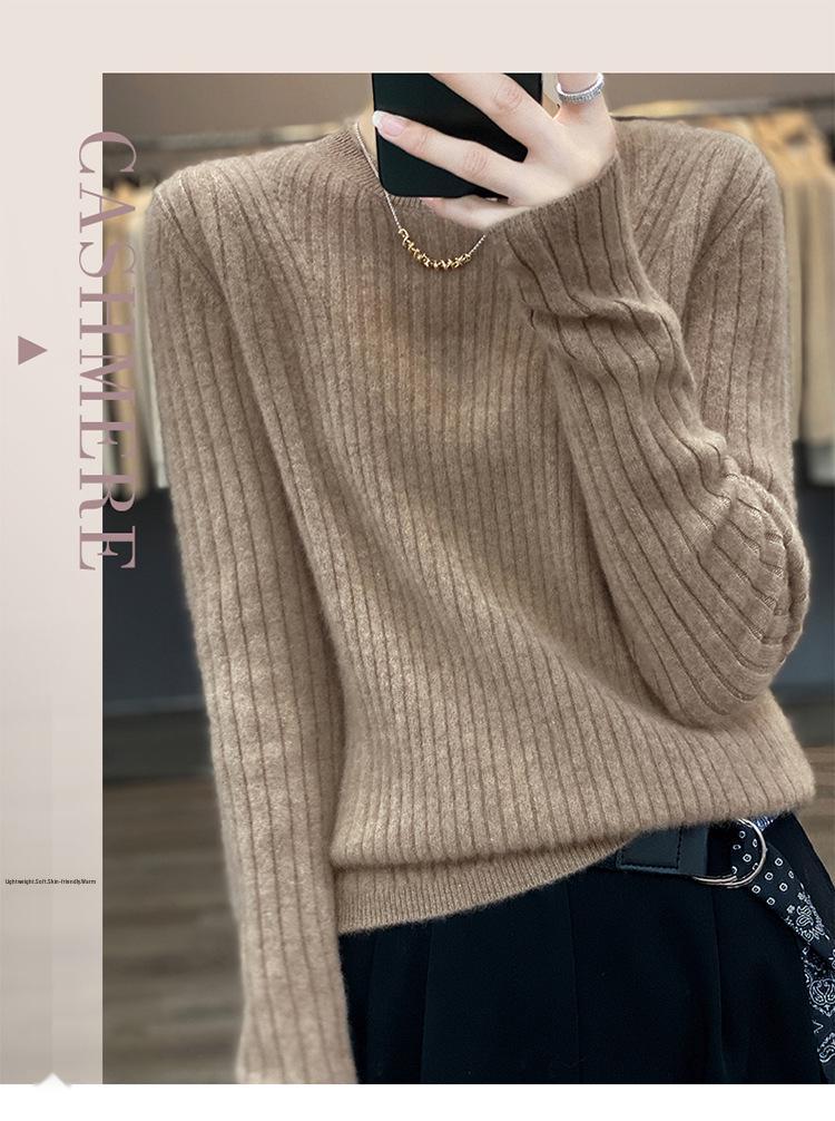 100% Cashmere Pure Wool Slimming Round Neck Knit Sweater - Women's Ribbed Slim Fit for Autumn/Winter