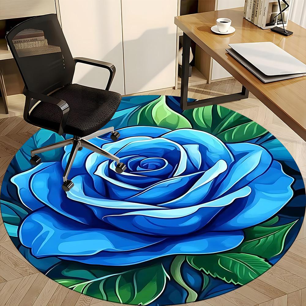 1pc Blue Rose Office Round Area Rug, Indoor Mat Suitable ForOffice, Under Office Chairs Bedroom Living Room Home Decor, Room Deco  D095