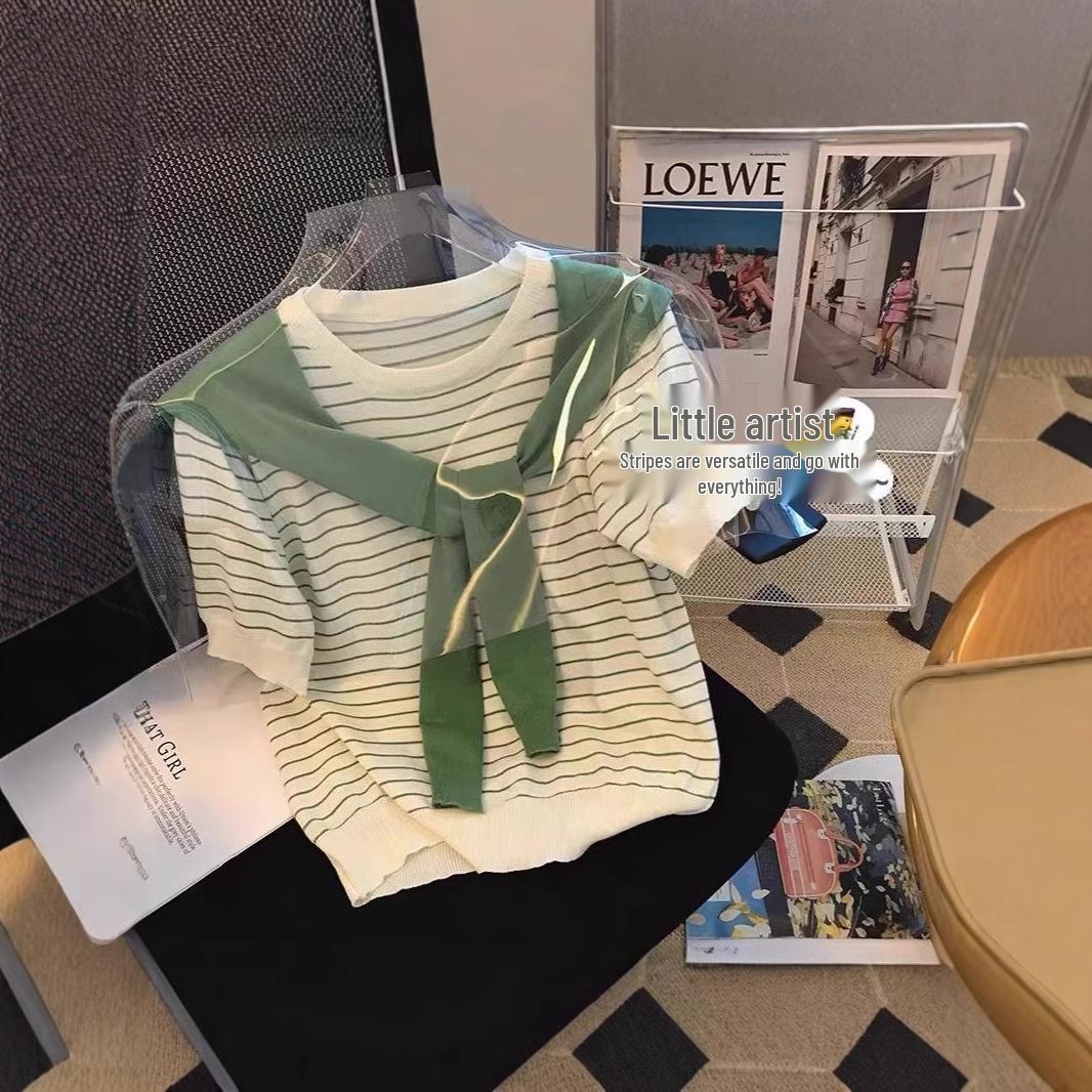 

Unisex Summer Striped Ice Silk Knit Shawl T-Shirt One Size [High Quality]