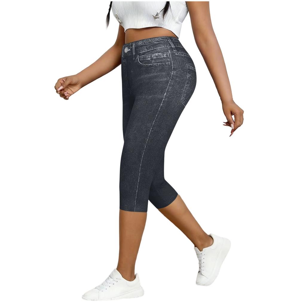 Womens pants high waist stretch capri leggings pants for women with faux denim print slim fit comfort style