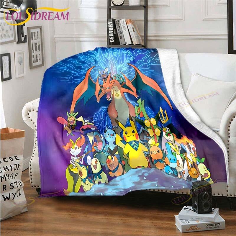 Cartoon Pokemon Printed Pikachu Fleece Plush Blanket Soft Warm Blanket for Adults and Children Bedroom Sofa Gift  Picnic Blanket