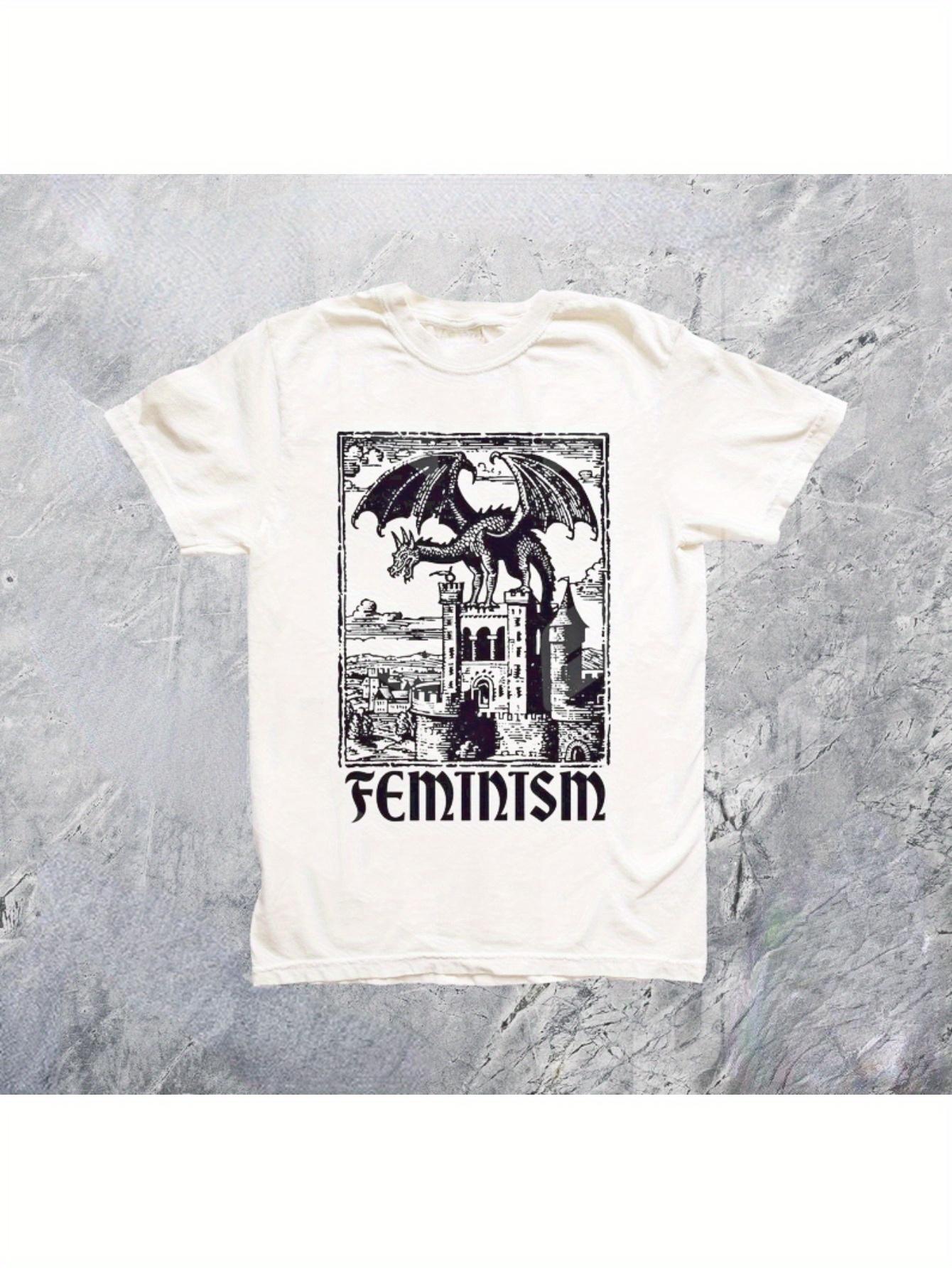 Men S Vintage 90S Feminist Y2K Dragon Graphic T-Shirt - a White T-Shirt Made of 50% with Bold Feminist Art XXL
