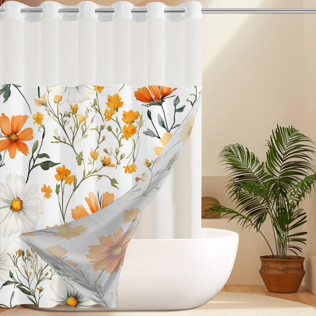 No Hook Yellow Floral Shower Curtain With Snap-in Fabric Liner, Sheer Top Window, Waterproof Double Layer Bathtub Curtain