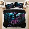 3-teiliges schwarzes Bettwäsche-Set mit Totenkopf- und Rosenmuster, kuscheliger Bettbezug, geeignet für Kingsize, Queensize, Einzel- und Doppelbetten, Halloween-Geburtstagsgeschenk, Schlafzimmerdekoration