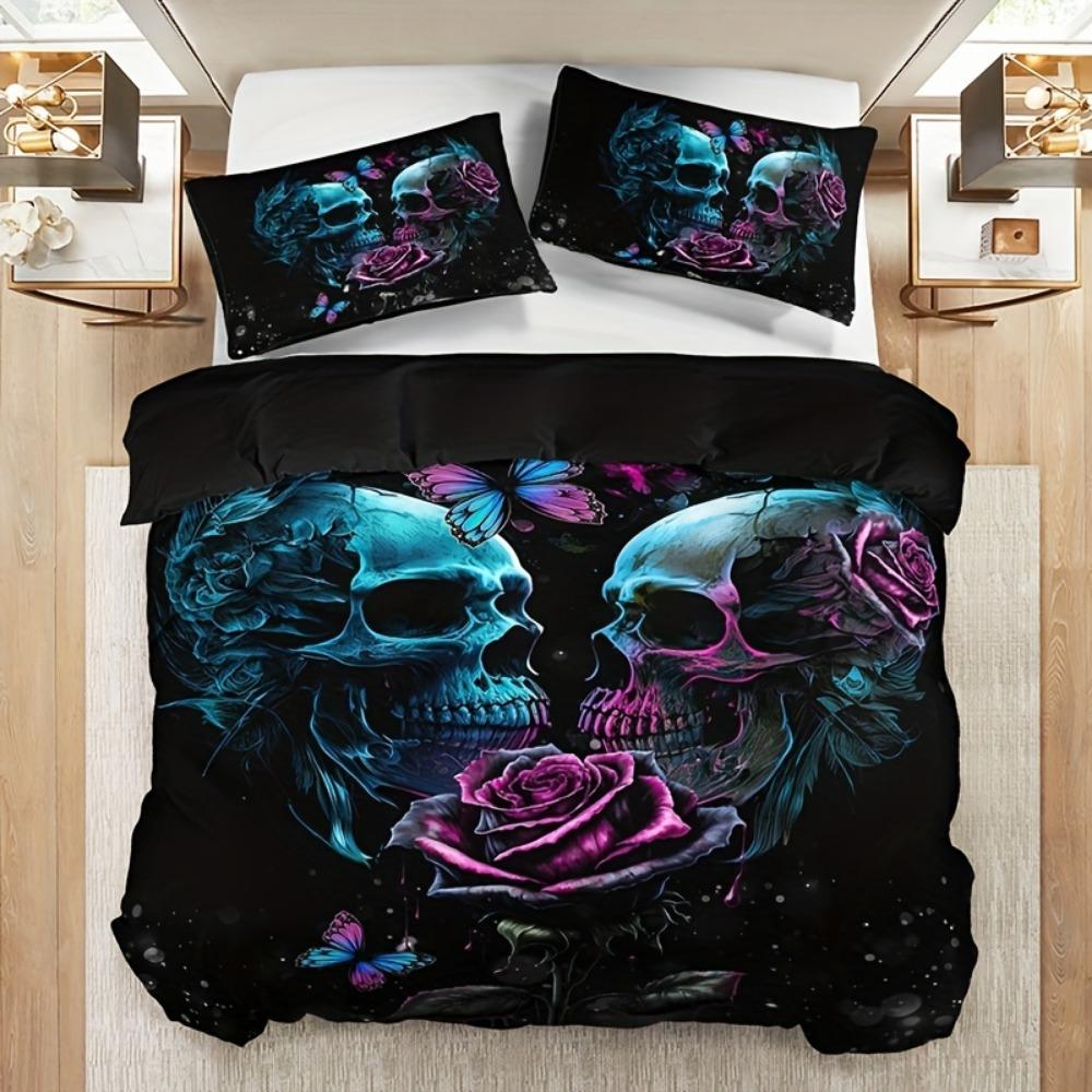 3-teiliges schwarzes Bettwäsche-Set mit Totenkopf- und Rosenmuster, kuscheliger Bettbezug, geeignet für Kingsize, Queensize, Einzel- und Doppelbetten, Halloween-Geburtstagsgeschenk, Schlafzimmerdekoration