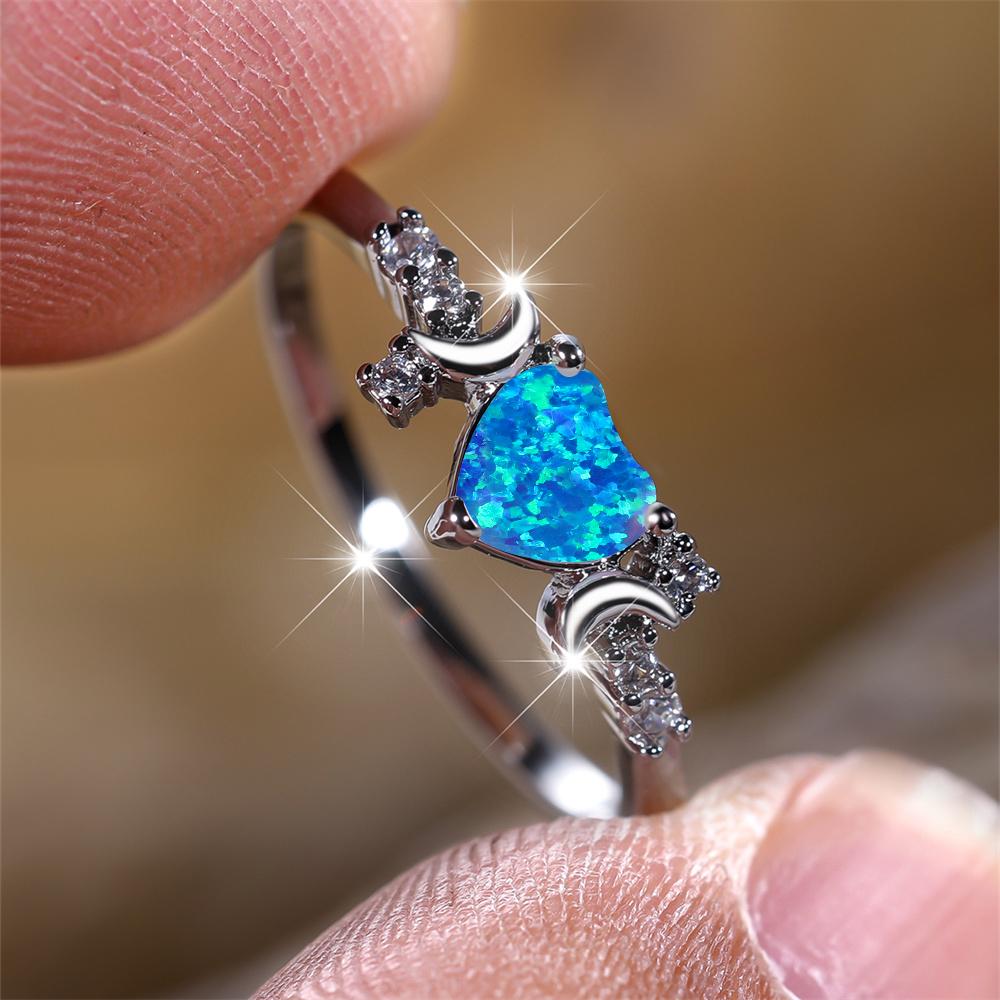 Moon Love Heart Engagement Ring Green Blue White Opal Stone Rings For Women Rose Gold Silver Color Wedding Bands Jewelry