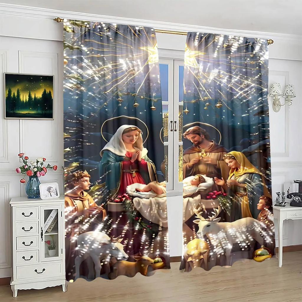 Nativity Print Curtain Bedroom Living Room Study Private Space Set Of 2 Made Polyester Washable Sitting Ready