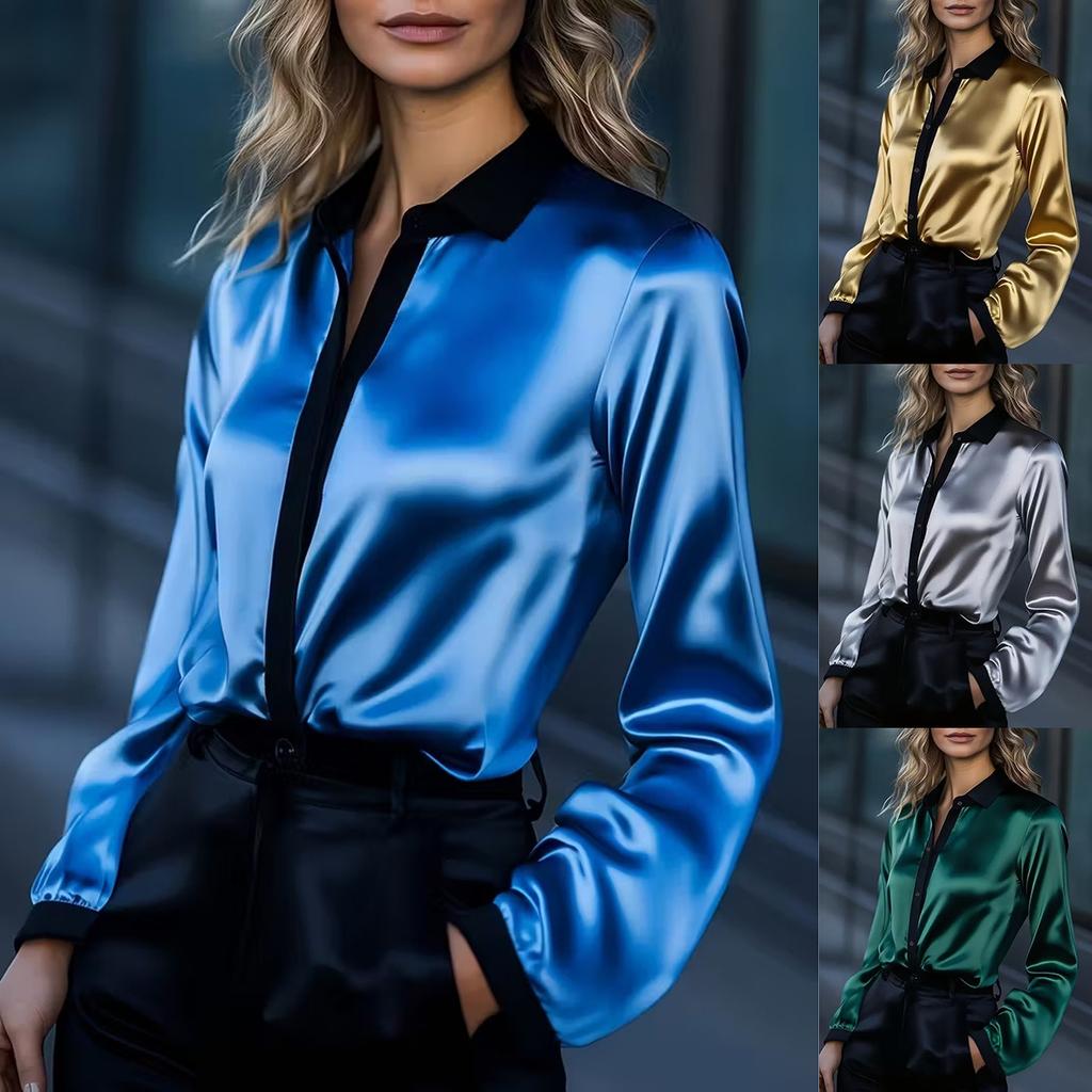 Spring Women's Colorblock Satin Long Sleeve Shirt Commuter Elegant Blouse For Crossborder