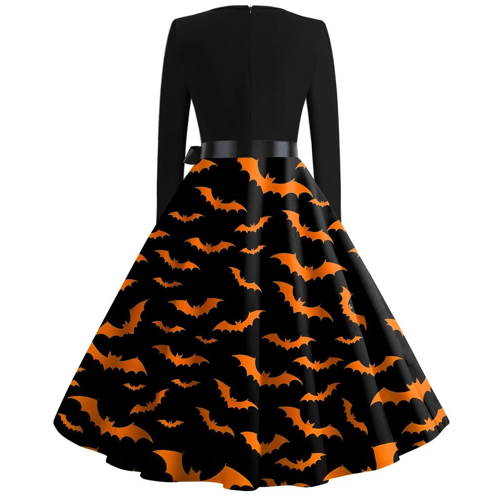 Halloween Print Flare Dress For Women Long Sleeve Dress Hollow Party Casual Dresses