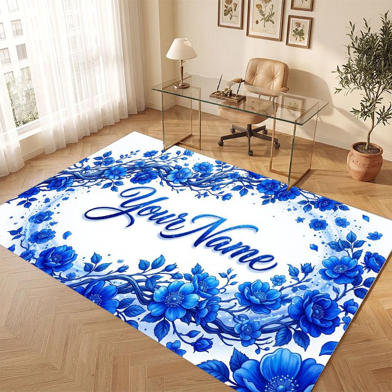 Floral Garden Theme Crystal Velvet Floor Rug Personalized Custom Name Text Warm Carpet Home Decoration