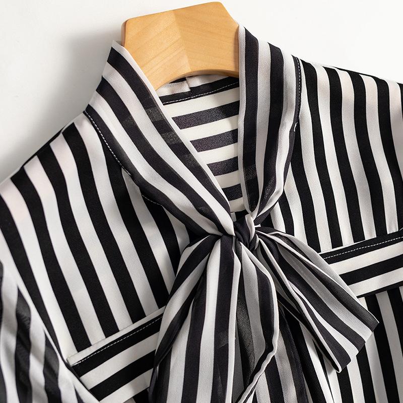 Women's Spring Black and White Striped Long-sleeved Shirt Temperament Elegant Commuter Chiffon Tops