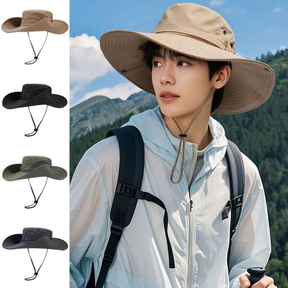 UV Protection Drawstring Sun Hat Big Brim Men Bucket Cap Hiking Fisherman Hat Mountaineering