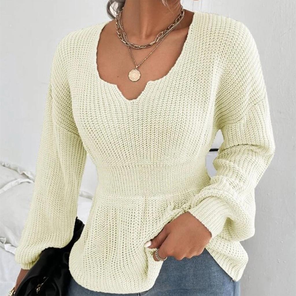 Women's Fashion V-Neck Pullover Shirt Solid Color Long Sleeve Ruffle Waist Women's Shirt