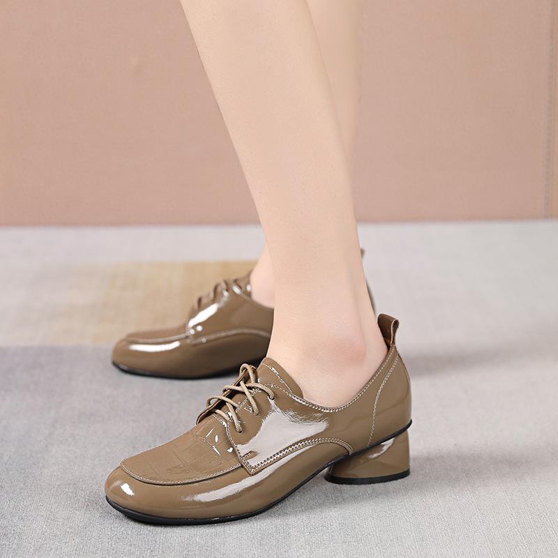 Thick Heel Shoes Women's 2025 Spring New British Style Cowhide Lace Up Women's Shoes With Deep Mouth Genuine Leather Ladies Shoe